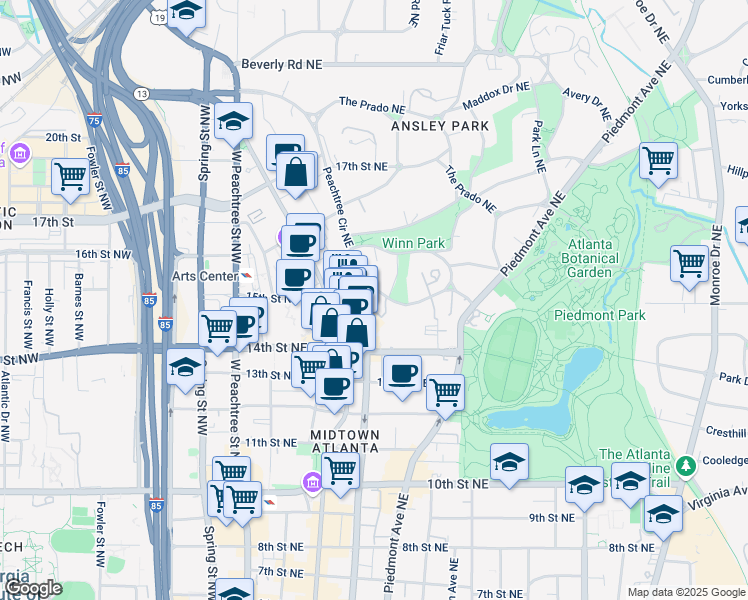 map of restaurants, bars, coffee shops, grocery stores, and more near 3 Peachtree Circle Northeast in Atlanta