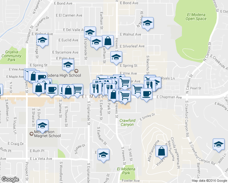 map of restaurants, bars, coffee shops, grocery stores, and more near 4429 East Chapman Avenue in Orange