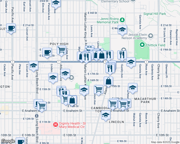 map of restaurants, bars, coffee shops, grocery stores, and more near 1709 Lewis Avenue in Long Beach