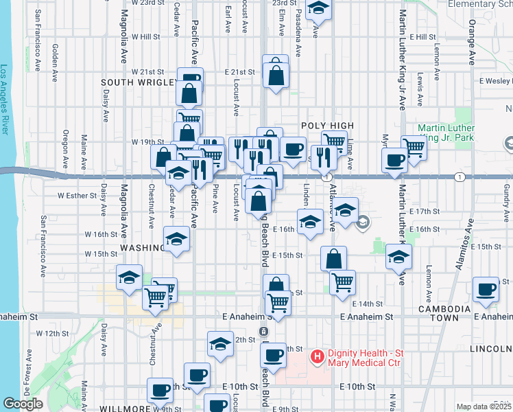 map of restaurants, bars, coffee shops, grocery stores, and more near in Long Beach