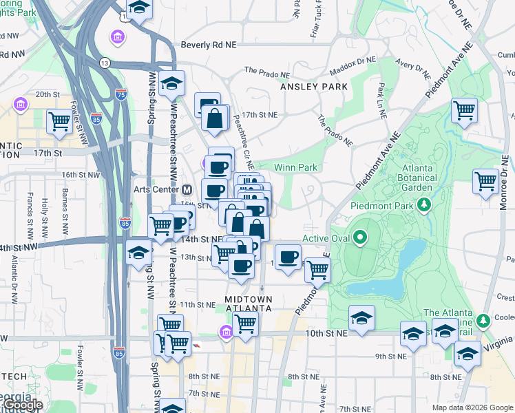 map of restaurants, bars, coffee shops, grocery stores, and more near 145 15th Street Northeast in Atlanta