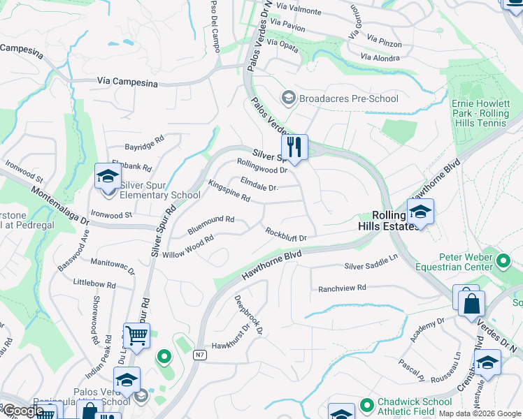 map of restaurants, bars, coffee shops, grocery stores, and more near 5029 Kingspine Road in Rolling Hills Estates