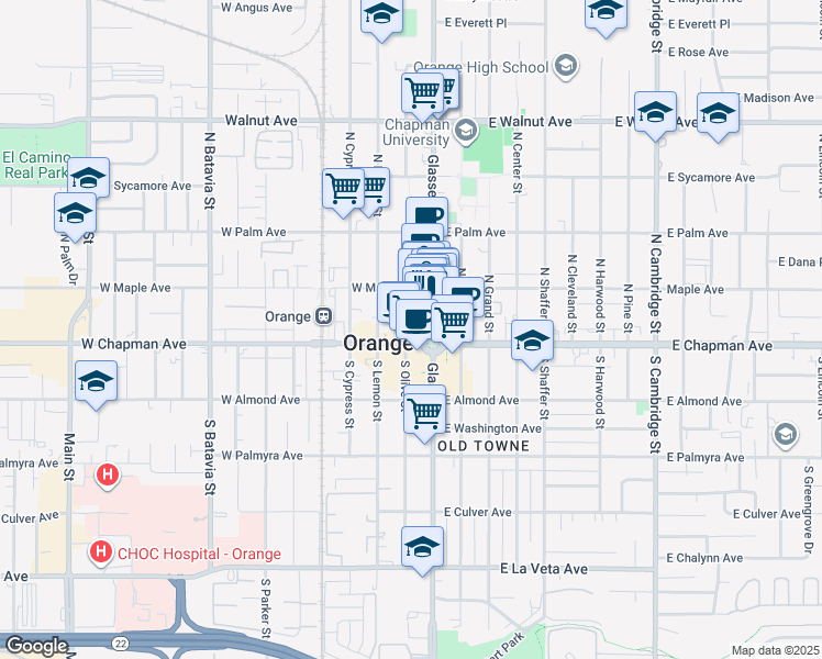 map of restaurants, bars, coffee shops, grocery stores, and more near 150 North Glassell Street in Orange