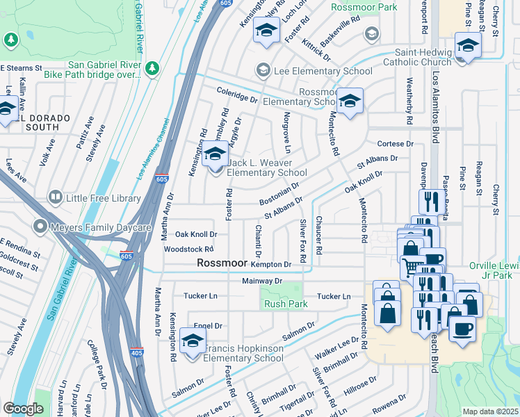 map of restaurants, bars, coffee shops, grocery stores, and more near 2952 Bostonian Drive in Los Alamitos