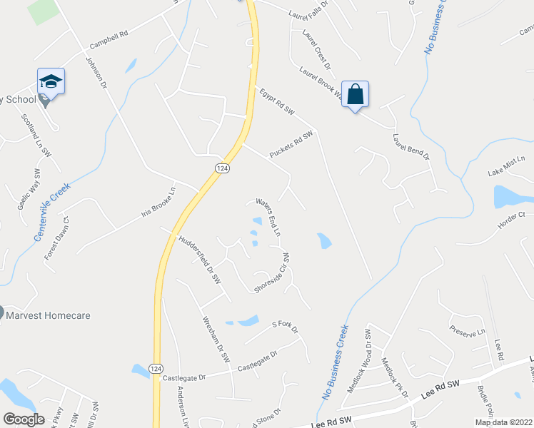 map of restaurants, bars, coffee shops, grocery stores, and more near 4065 Waters End Lane in Snellville
