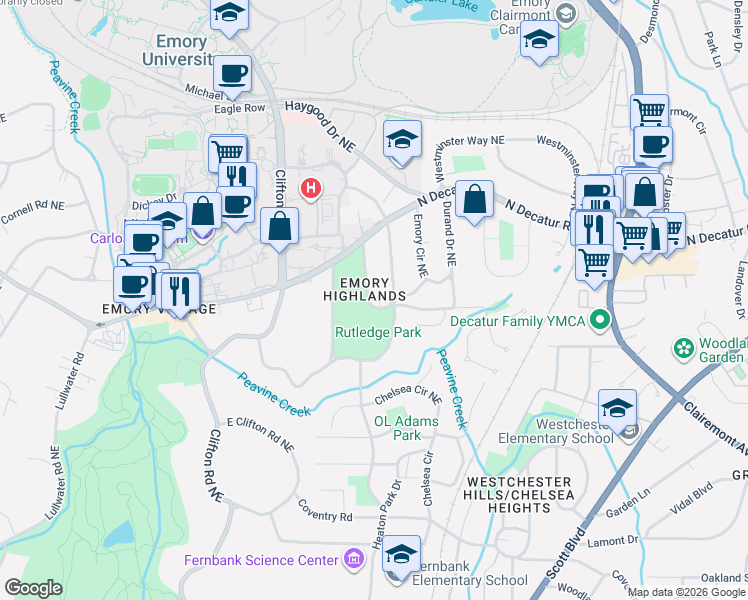 map of restaurants, bars, coffee shops, grocery stores, and more near 1870 Ridgewood Drive Northeast in Atlanta