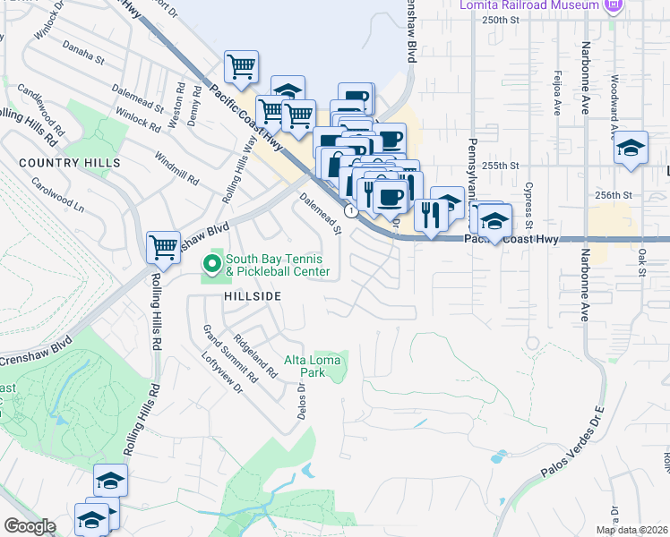map of restaurants, bars, coffee shops, grocery stores, and more near 2528 Dalemead Street in Torrance