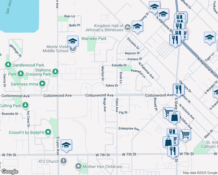 map of restaurants, bars, coffee shops, grocery stores, and more near 1158 Sykes Drive in San Jacinto