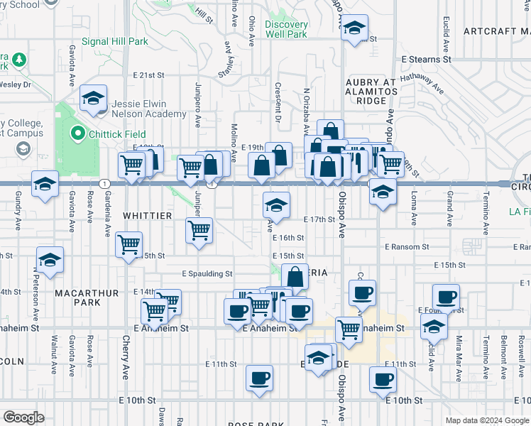 map of restaurants, bars, coffee shops, grocery stores, and more near 1717 Temple Avenue in Long Beach