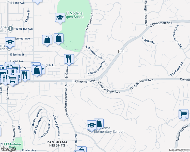 map of restaurants, bars, coffee shops, grocery stores, and more near 155 North Singingwood Street in Orange