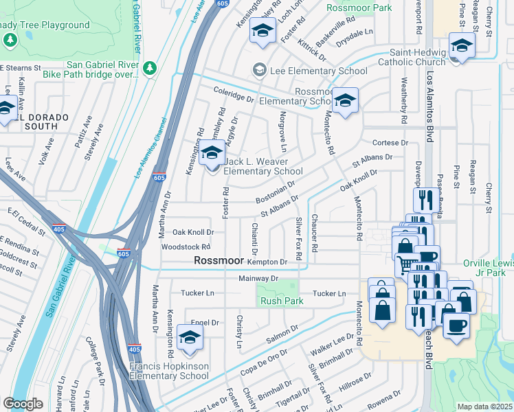 map of restaurants, bars, coffee shops, grocery stores, and more near 2952 Bostonian Drive in Los Alamitos