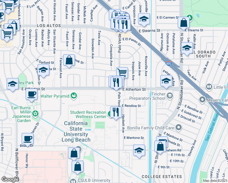 map of restaurants, bars, coffee shops, grocery stores, and more near 1801 Palo Verde Avenue in Long Beach
