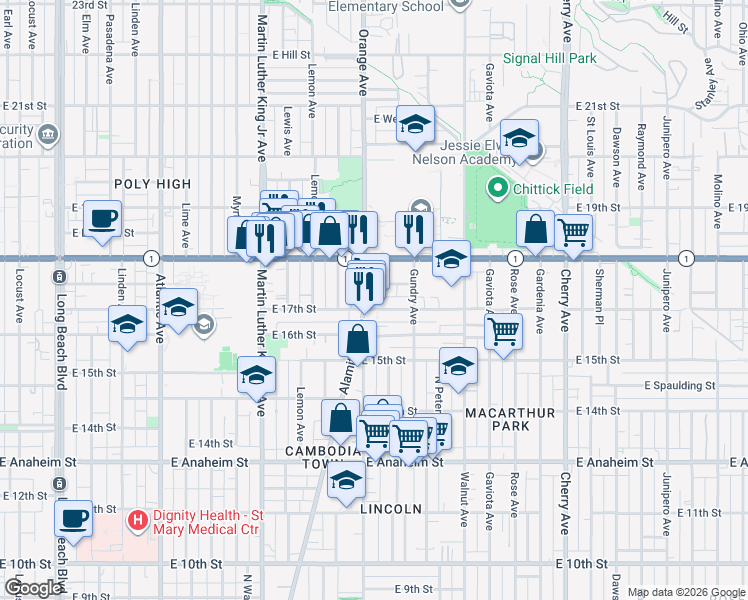 map of restaurants, bars, coffee shops, grocery stores, and more near 1708 Alamitos Avenue in Long Beach
