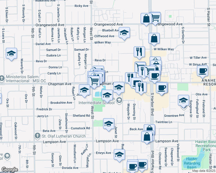map of restaurants, bars, coffee shops, grocery stores, and more near 12132 Chapman Avenue in Garden Grove