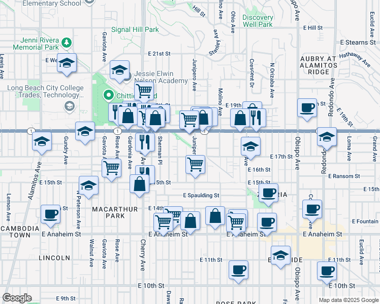 map of restaurants, bars, coffee shops, grocery stores, and more near 2343 East 17th Street in Long Beach