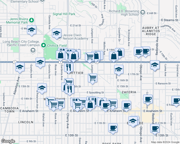 map of restaurants, bars, coffee shops, grocery stores, and more near 2343 East 17th Street in Long Beach