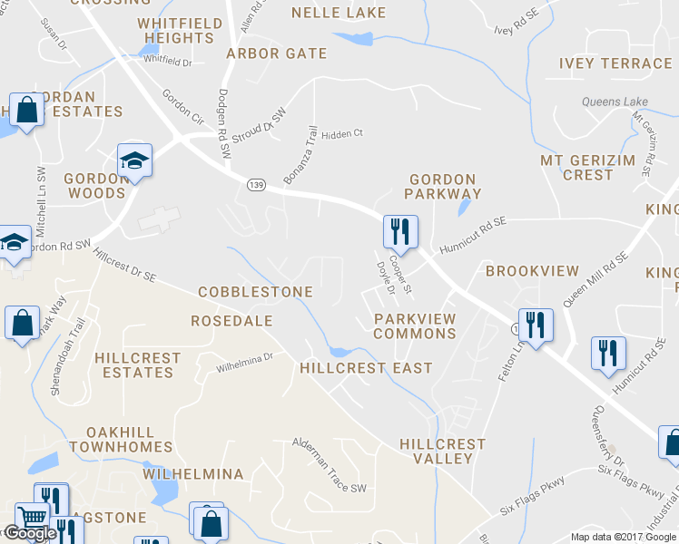 map of restaurants, bars, coffee shops, grocery stores, and more near 6819 Bridgewood Drive in Austell