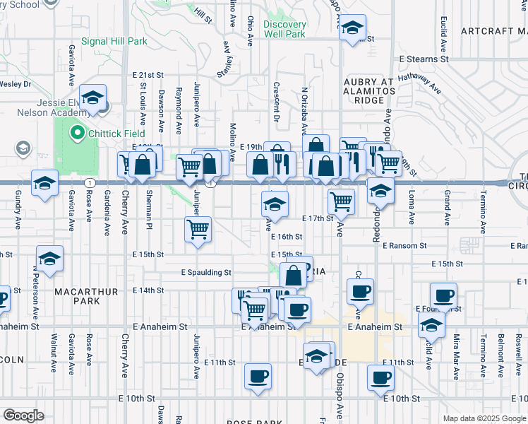 map of restaurants, bars, coffee shops, grocery stores, and more near 1717 Temple Avenue in Long Beach