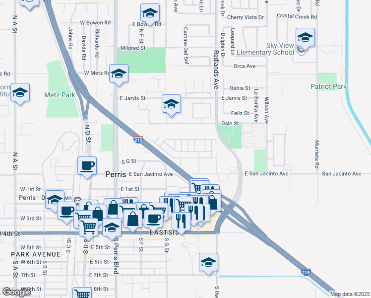 map of restaurants, bars, coffee shops, grocery stores, and more near 350 East San Jose Avenue in Perris