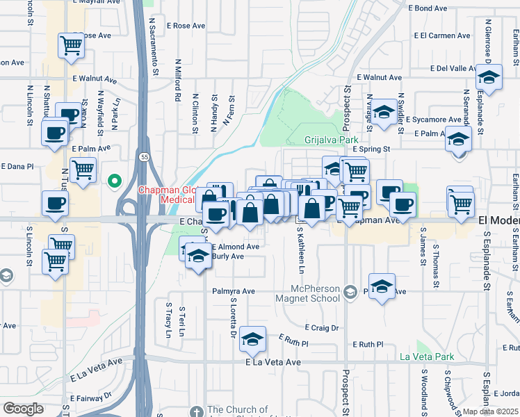 map of restaurants, bars, coffee shops, grocery stores, and more near 2747 East Bennett Avenue in Orange