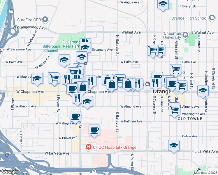 map of restaurants, bars, coffee shops, grocery stores, and more near 157 North Citrus Street in Orange