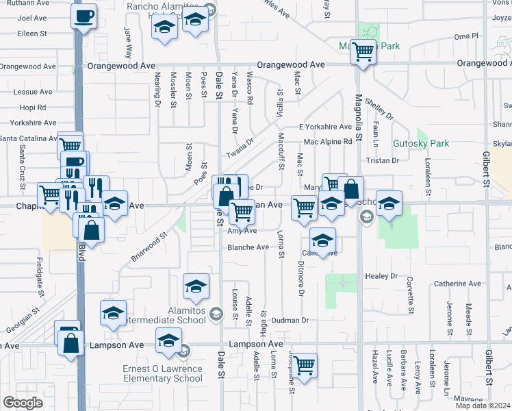 map of restaurants, bars, coffee shops, grocery stores, and more near 8592 Marylee Drive in Garden Grove