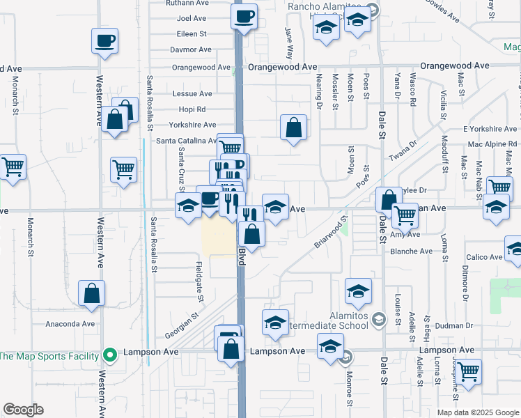 map of restaurants, bars, coffee shops, grocery stores, and more near 8067 Chapman Avenue in Stanton