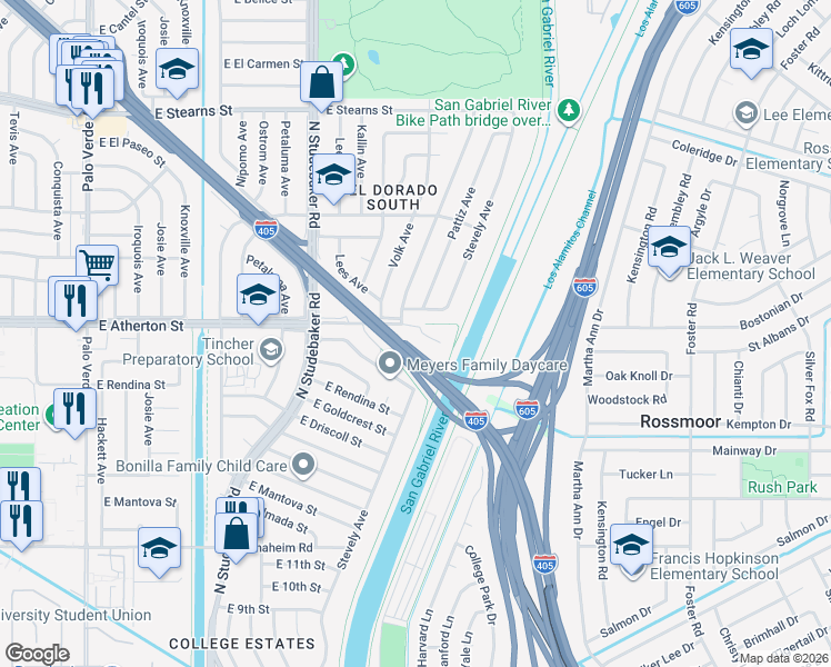 map of restaurants, bars, coffee shops, grocery stores, and more near 1836 Stevely Avenue in Long Beach