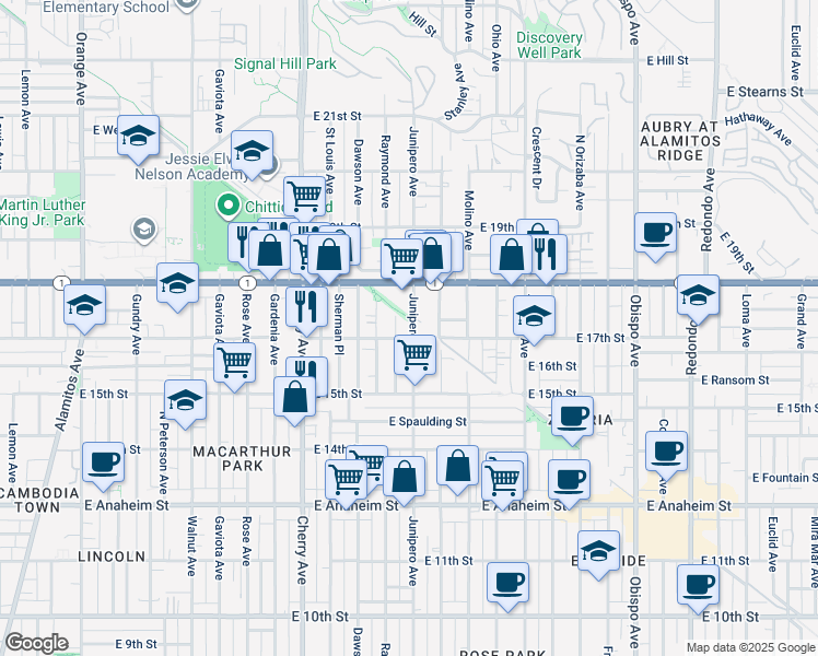 map of restaurants, bars, coffee shops, grocery stores, and more near 1735 Junipero Avenue in Long Beach