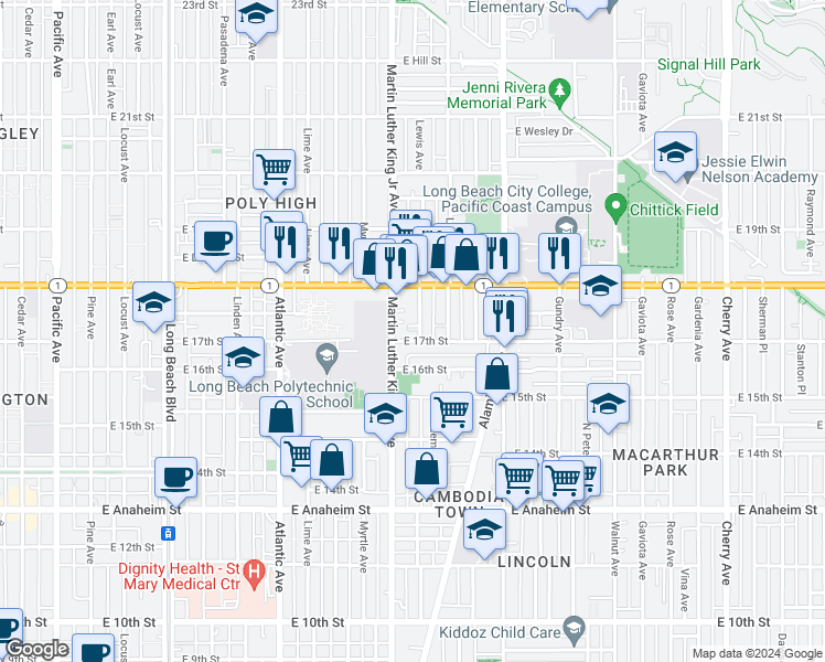 map of restaurants, bars, coffee shops, grocery stores, and more near 1748 Martin Luther King Junior Avenue in Long Beach