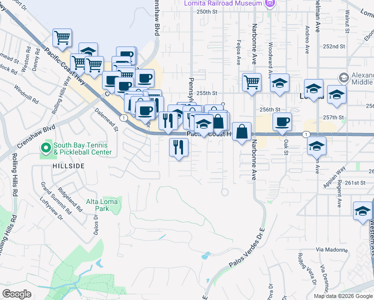 map of restaurants, bars, coffee shops, grocery stores, and more near 2400 Pacific Coast Highway in Lomita