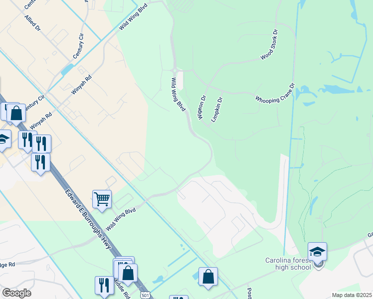 map of restaurants, bars, coffee shops, grocery stores, and more near 585 Wild Wing Boulevard in Conway
