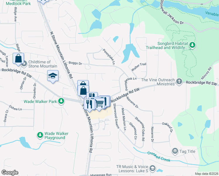 map of restaurants, bars, coffee shops, grocery stores, and more near 5632 Clifton Place in Stone Mountain