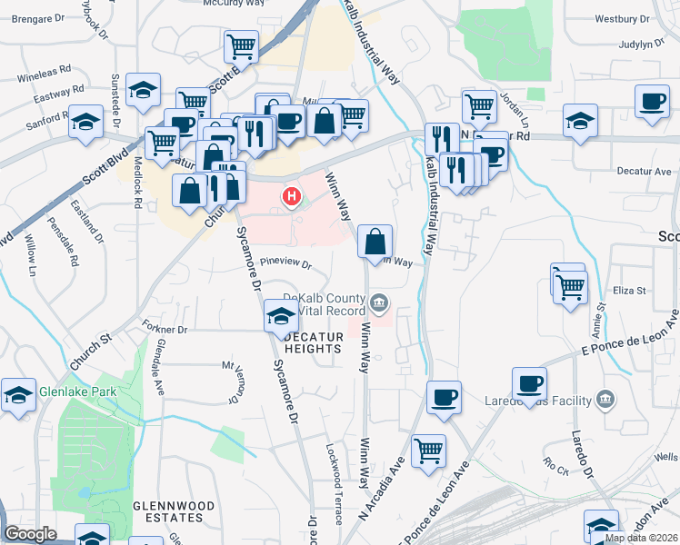 map of restaurants, bars, coffee shops, grocery stores, and more near 447 Woodhaven Drive in Decatur