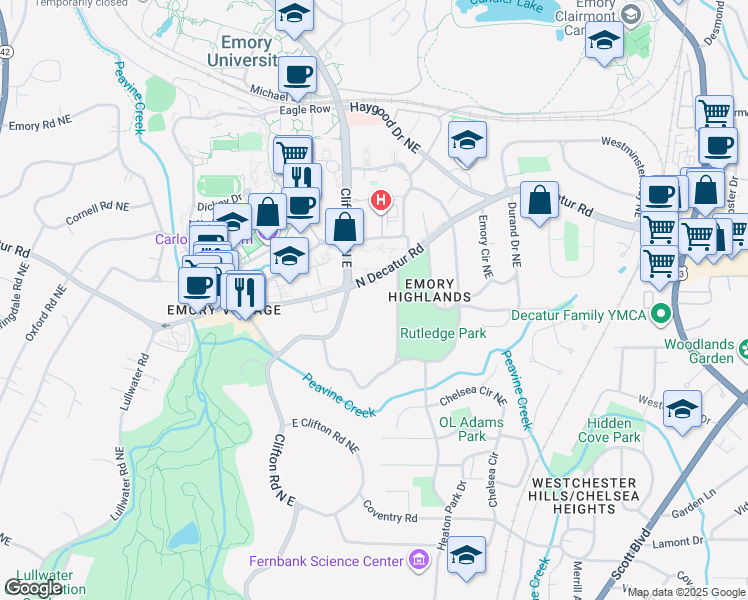 map of restaurants, bars, coffee shops, grocery stores, and more near 1743 North Decatur Road in Atlanta