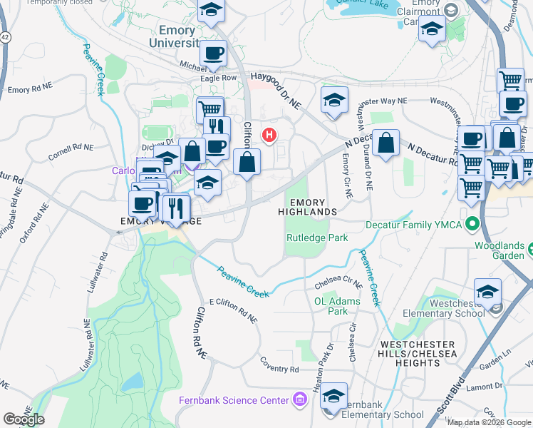 map of restaurants, bars, coffee shops, grocery stores, and more near 1717 North Decatur Road in Atlanta