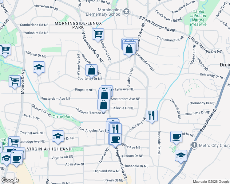 map of restaurants, bars, coffee shops, grocery stores, and more near 1010 McLynn Avenue Northeast in Atlanta