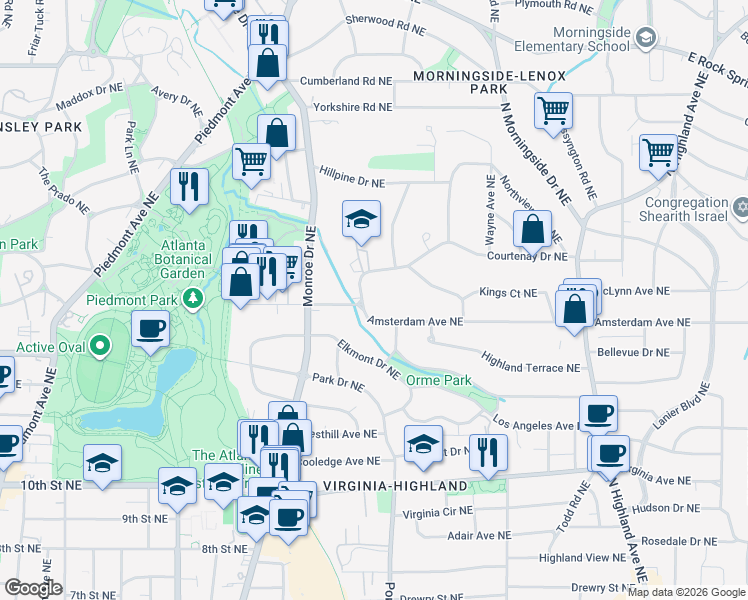 map of restaurants, bars, coffee shops, grocery stores, and more near 685 Courtenay Drive Northeast in Atlanta