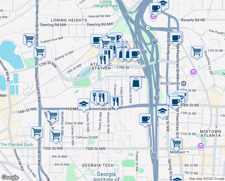 map of restaurants, bars, coffee shops, grocery stores, and more near 1253 Atlantic Drive in Atlanta