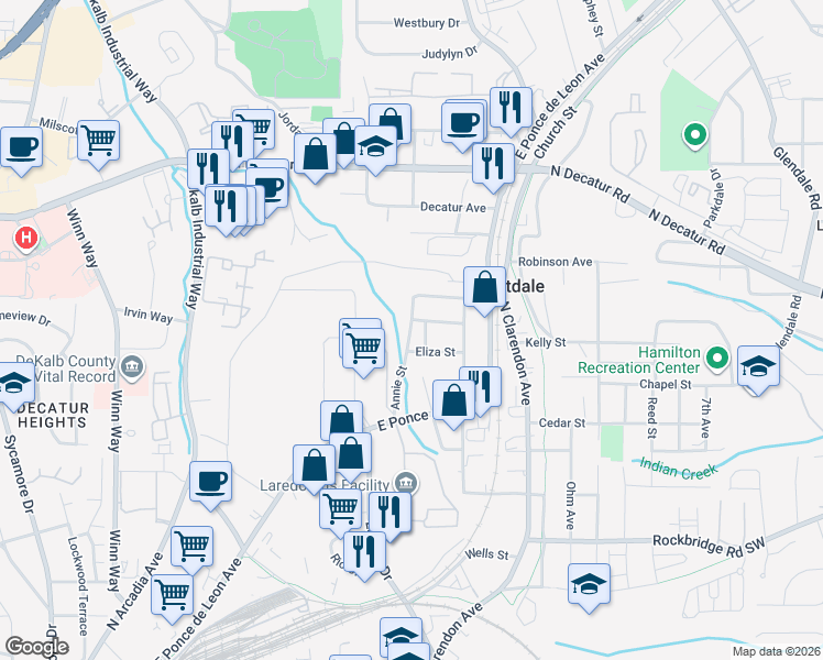 map of restaurants, bars, coffee shops, grocery stores, and more near 416-442 Annie St in Scottdale
