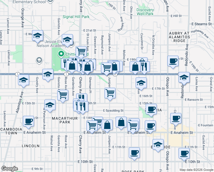 map of restaurants, bars, coffee shops, grocery stores, and more near 2343 East 17th Street in Long Beach
