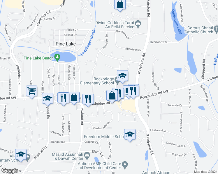 map of restaurants, bars, coffee shops, grocery stores, and more near 4647 Randalwood Dr in Stone Mountain