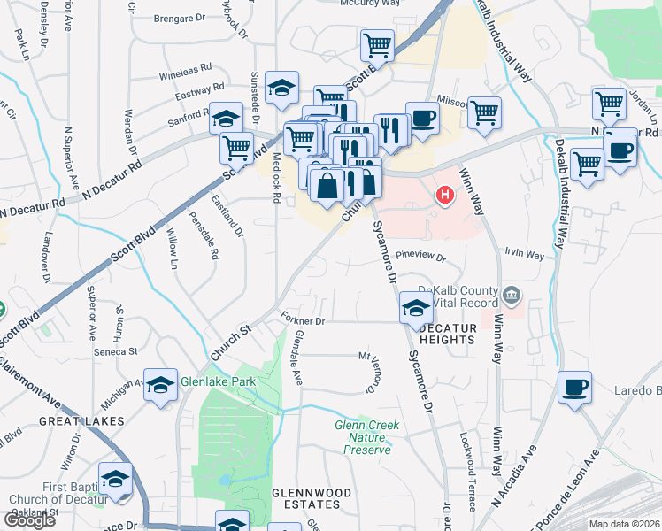 map of restaurants, bars, coffee shops, grocery stores, and more near 2450 Manor Walk in Decatur