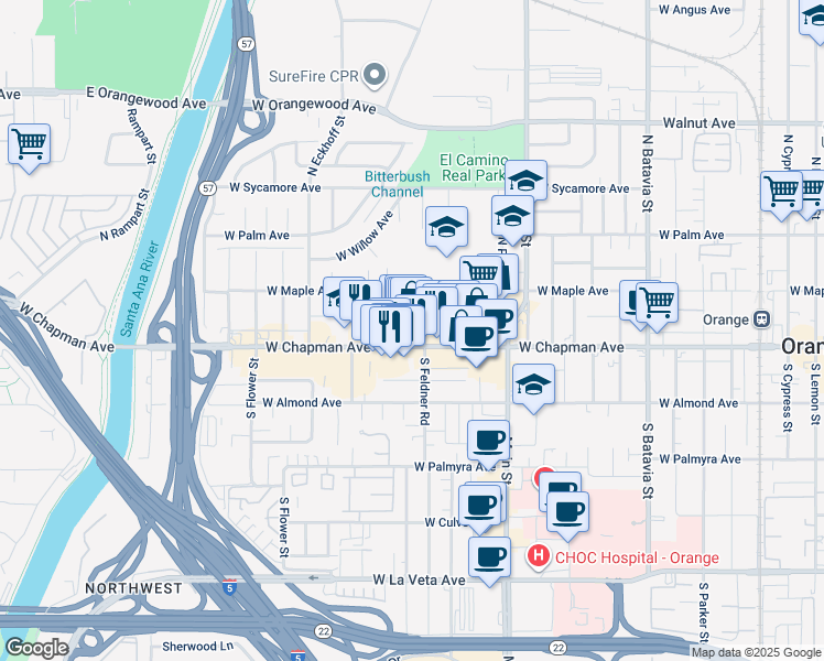 map of restaurants, bars, coffee shops, grocery stores, and more near 152 North Fir Street in Orange
