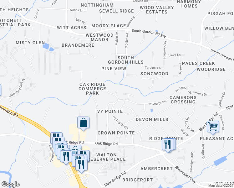 map of restaurants, bars, coffee shops, grocery stores, and more near 6830 Cherry Log Place in Austell