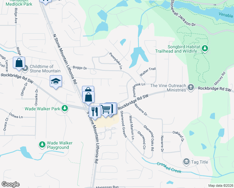 map of restaurants, bars, coffee shops, grocery stores, and more near 5632 Clifton Place in Stone Mountain