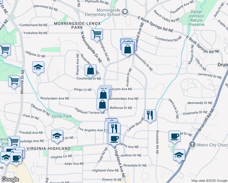 map of restaurants, bars, coffee shops, grocery stores, and more near 1010 McLynn Avenue Northeast in Atlanta