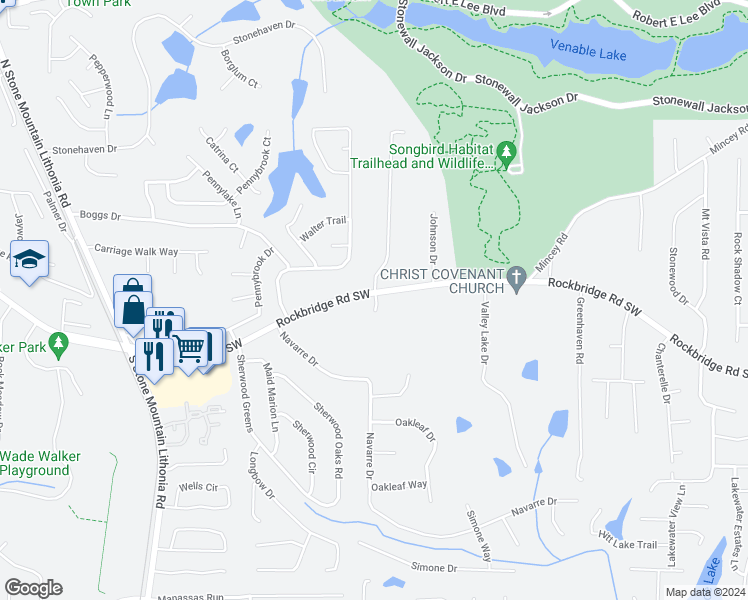 map of restaurants, bars, coffee shops, grocery stores, and more near 5953 Rockbridge Road Southwest in Stone Mountain
