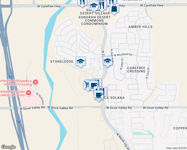 map of restaurants, bars, coffee shops, grocery stores, and more near 33625 N North Valley Parkway in Phoenix
