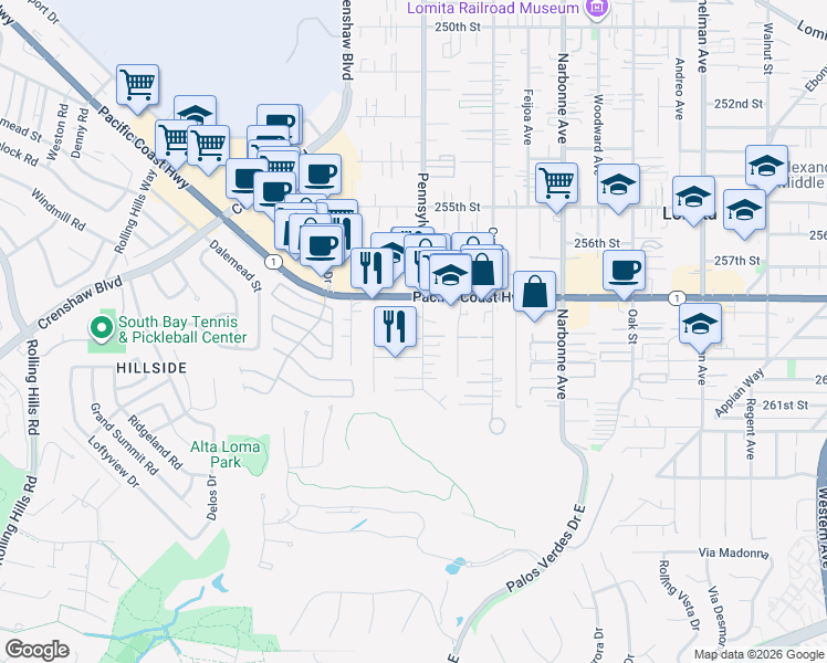 map of restaurants, bars, coffee shops, grocery stores, and more near 2400 Pacific Coast Highway in Lomita